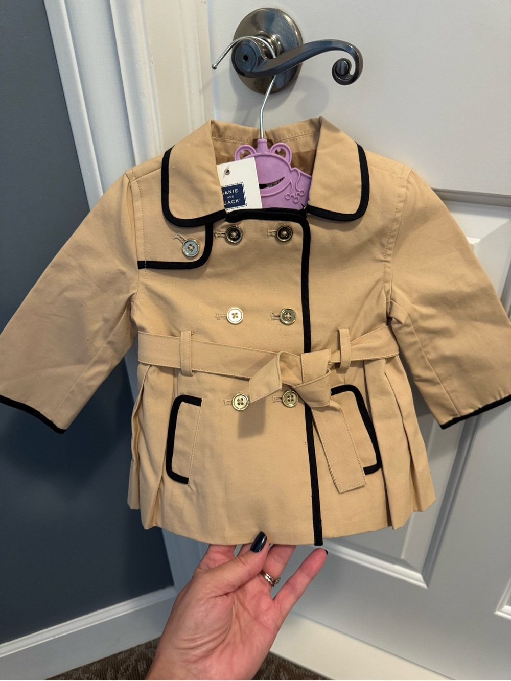NWT Janie and Jack Beige Pea Coat with Black Trim and Gold Buttons